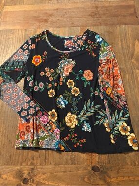 Johnny Was Black Floral Patchwork Long-Sleeve Top with Orange and Green Accents